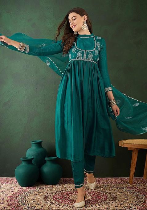 Green Embroidered Blended Anarkali Set — view on Indya