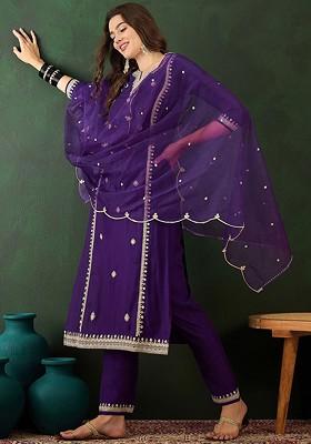Purple Floral Embroidered Notch Neck Kurta With Trousers And Dupatta