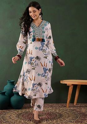Off White Floral Print Mirror Work A Line Kurta With Trousers