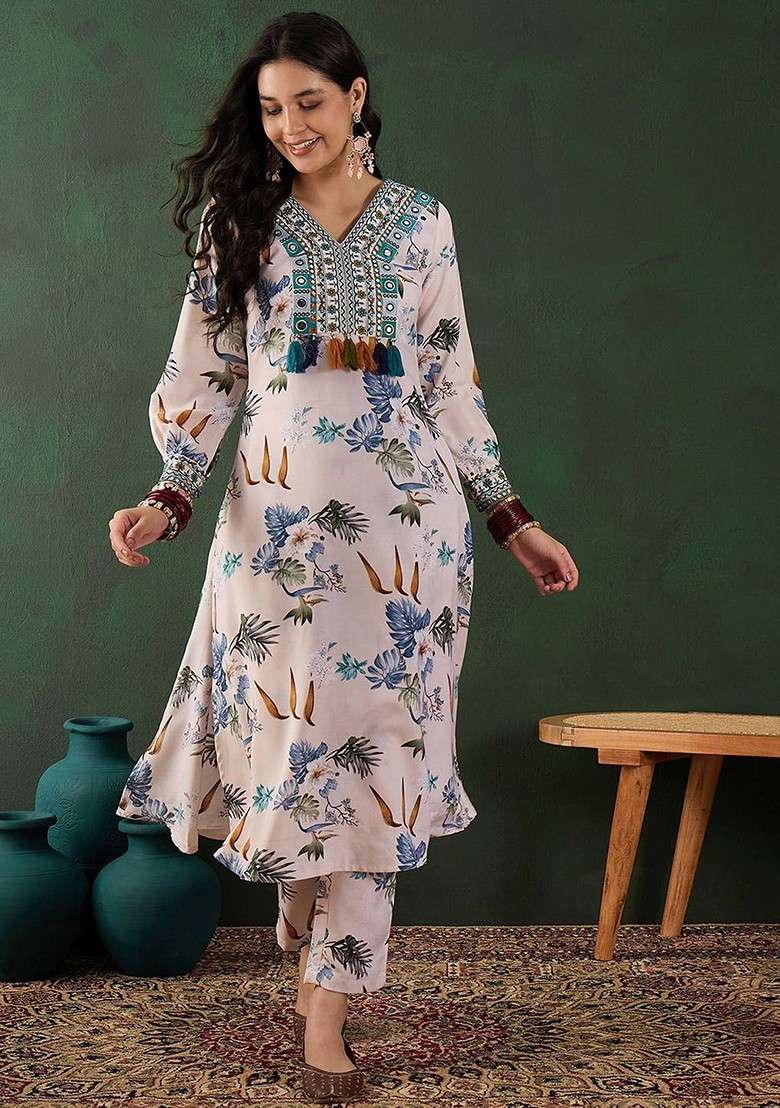 Off White Embroidered Blended A Line Kurta Set - Indya