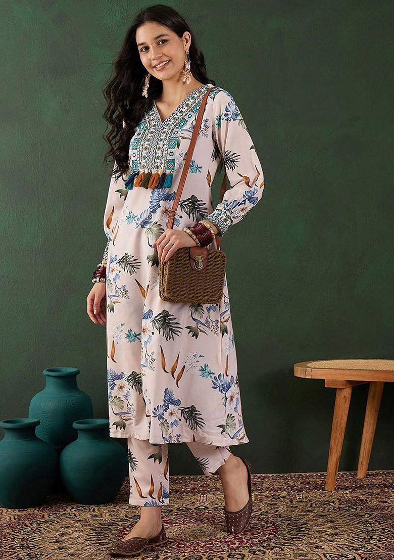 Off White Floral Print Mirror Work A Line Kurta With Trousers
