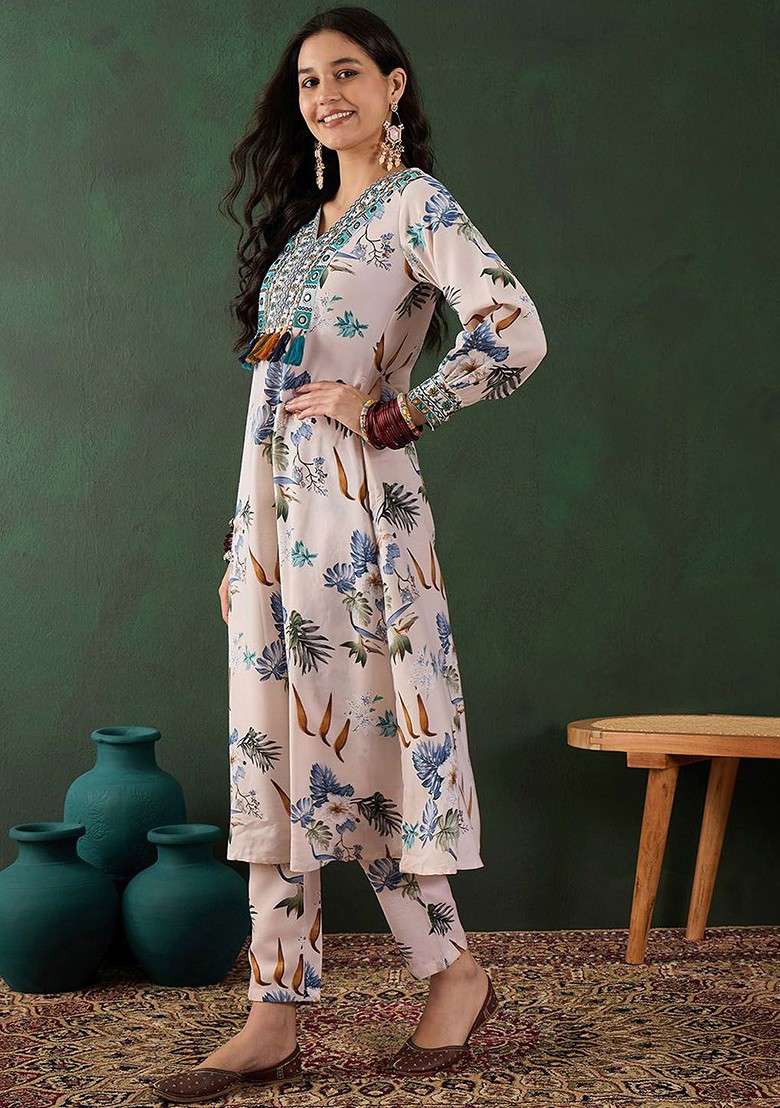 Off White Embroidered Blended A Line Kurta Set - Indya