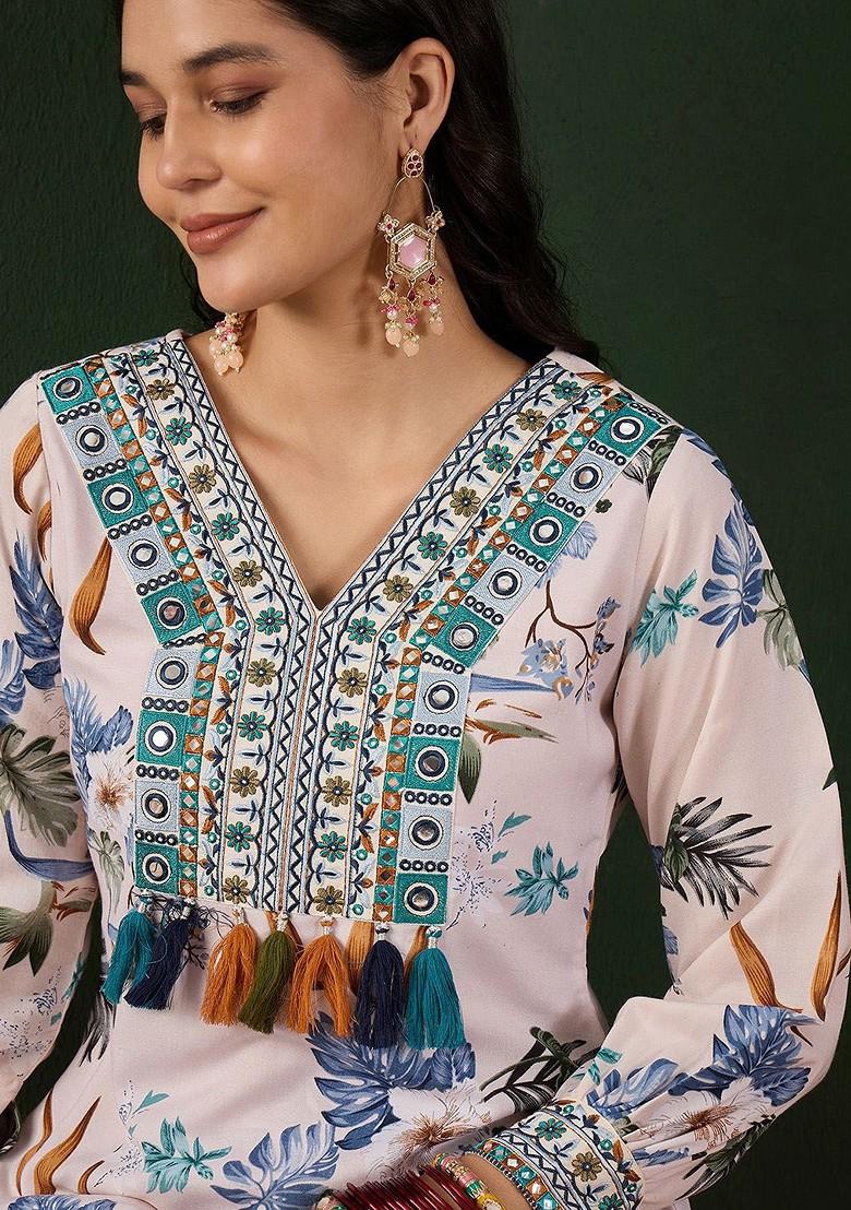 Off White Floral Print Mirror Work A Line Kurta With Trousers