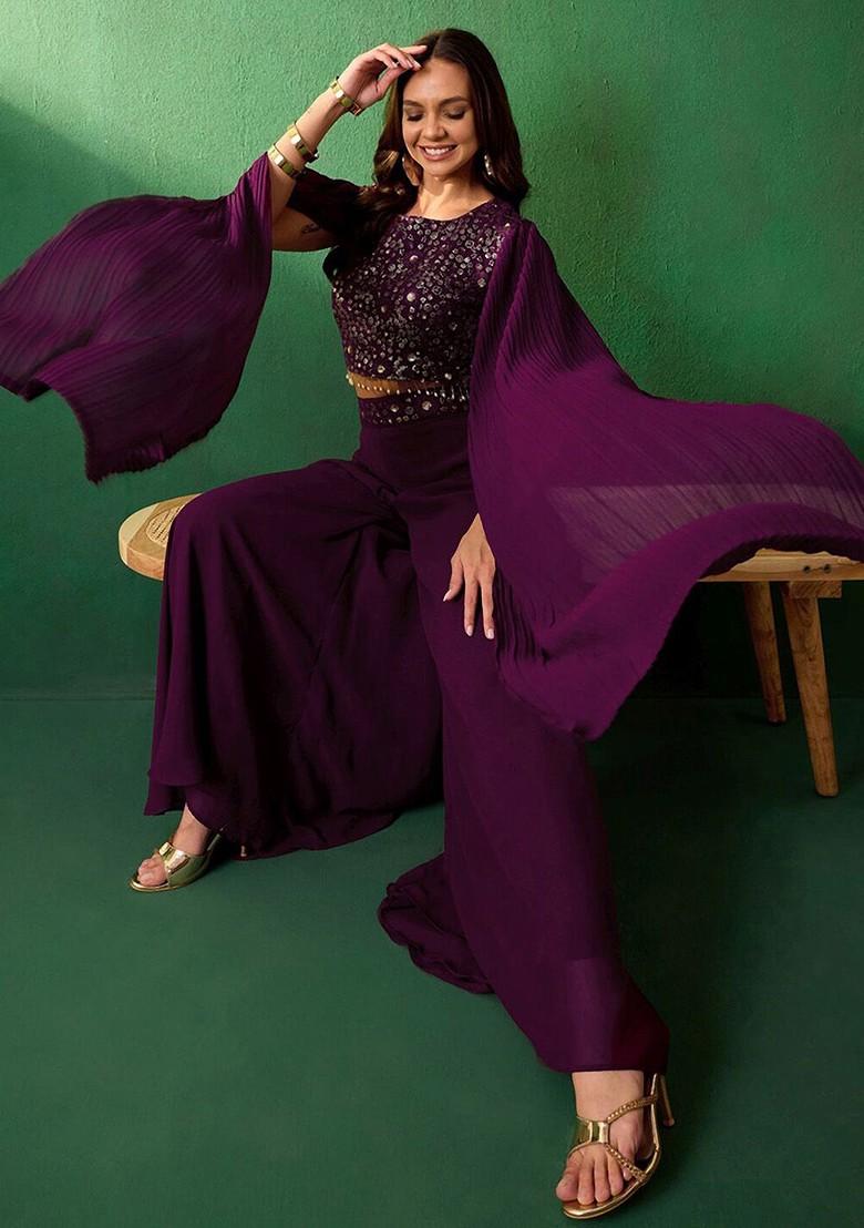 Pink Floral Sequin Embroidered Crop Top With Palazzo