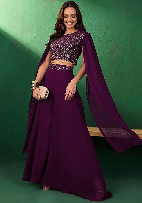 Wine Crop Top and Flared Pants Fusion Set with Sequin Embroidery - Chanderi