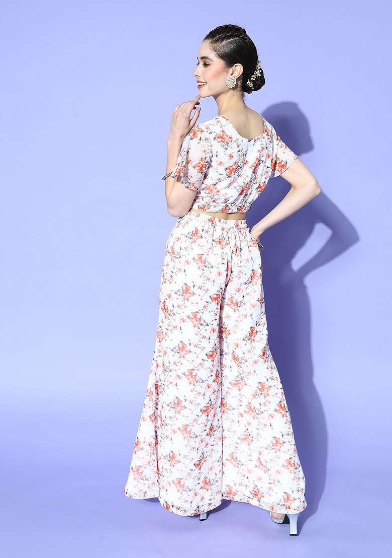 White Floral Print Georgette Co Ord Set - Indya
