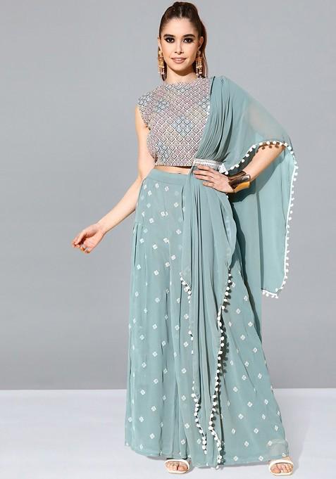 Sea Green Chikankari Embroidered Top And Palazzos