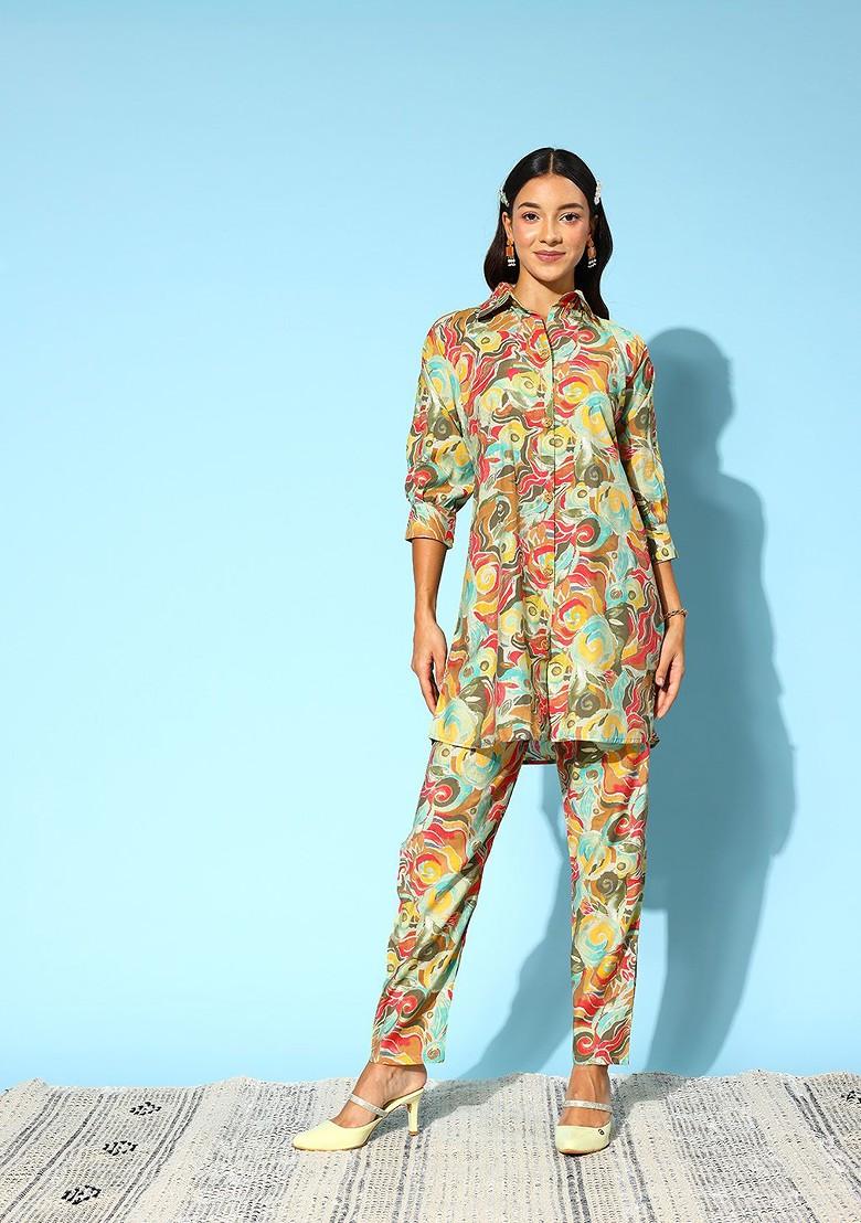 Multicolour Floral Print Tunic With Trousers - Indya