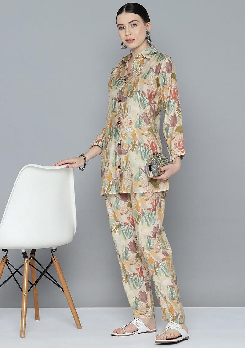 Beige Women Printed Tunic With Trousers
