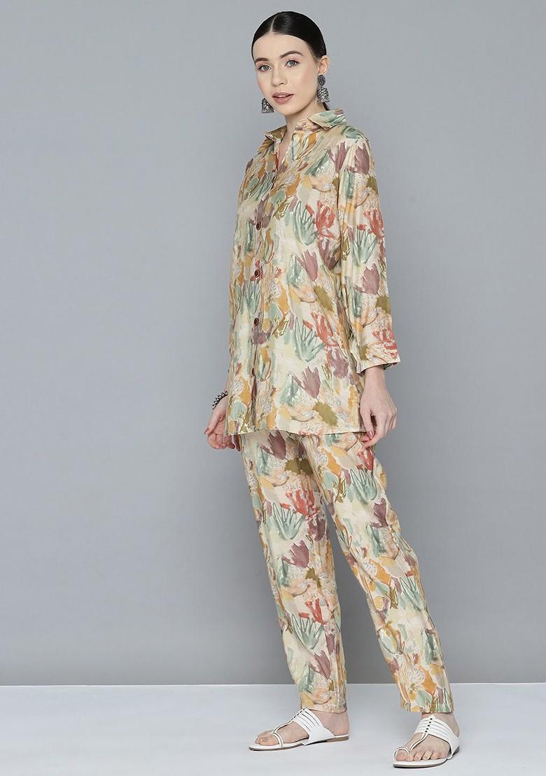 Beige Women Printed Tunic With Trousers