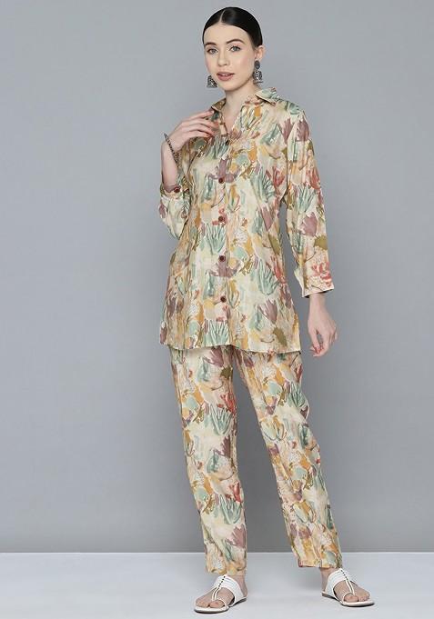 Beige Women Printed Tunic With Trousers