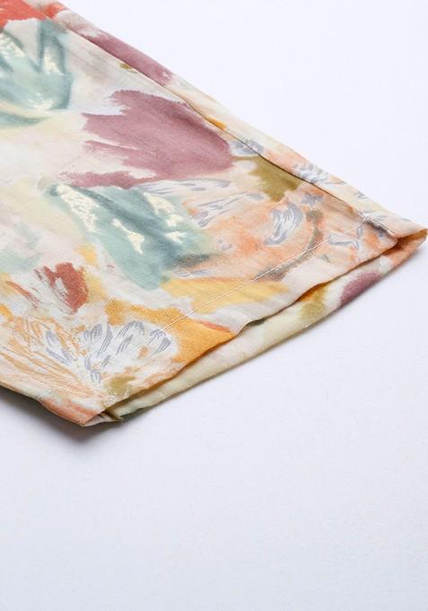 Beige Women Printed Tunic With Trousers
