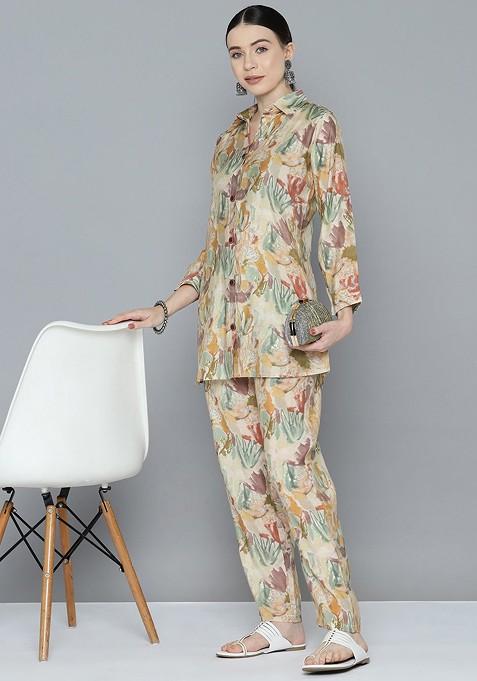 Beige Women Printed Tunic With Trousers