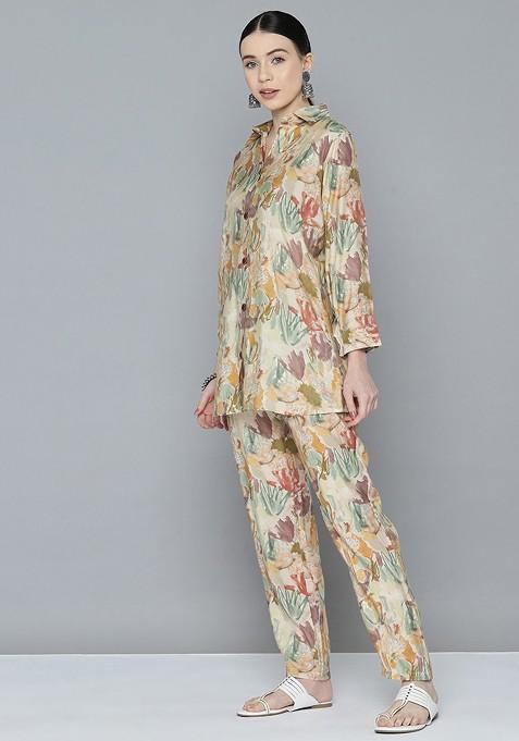 Beige Women Printed Tunic With Trousers