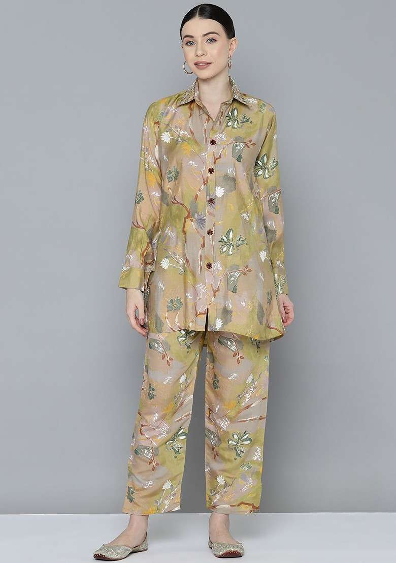 Beige Printed Blended Co Ord Set - Indya