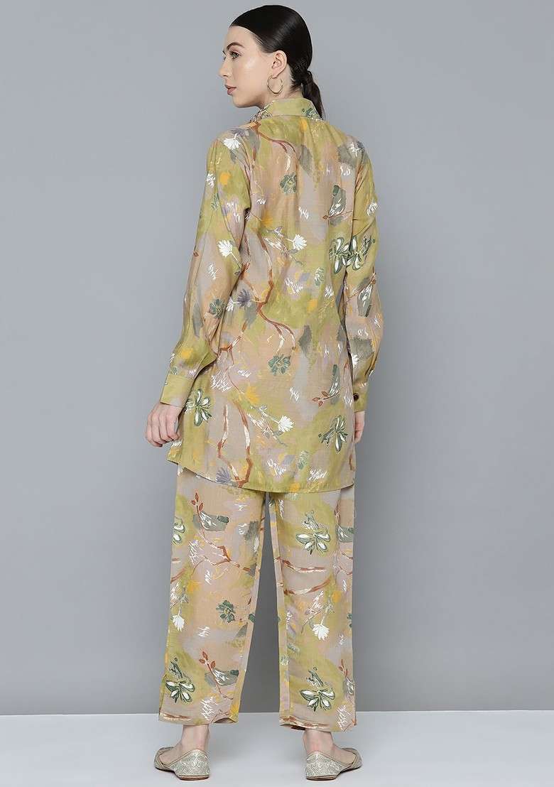 Beige Printed Blended Co Ord Set - Indya