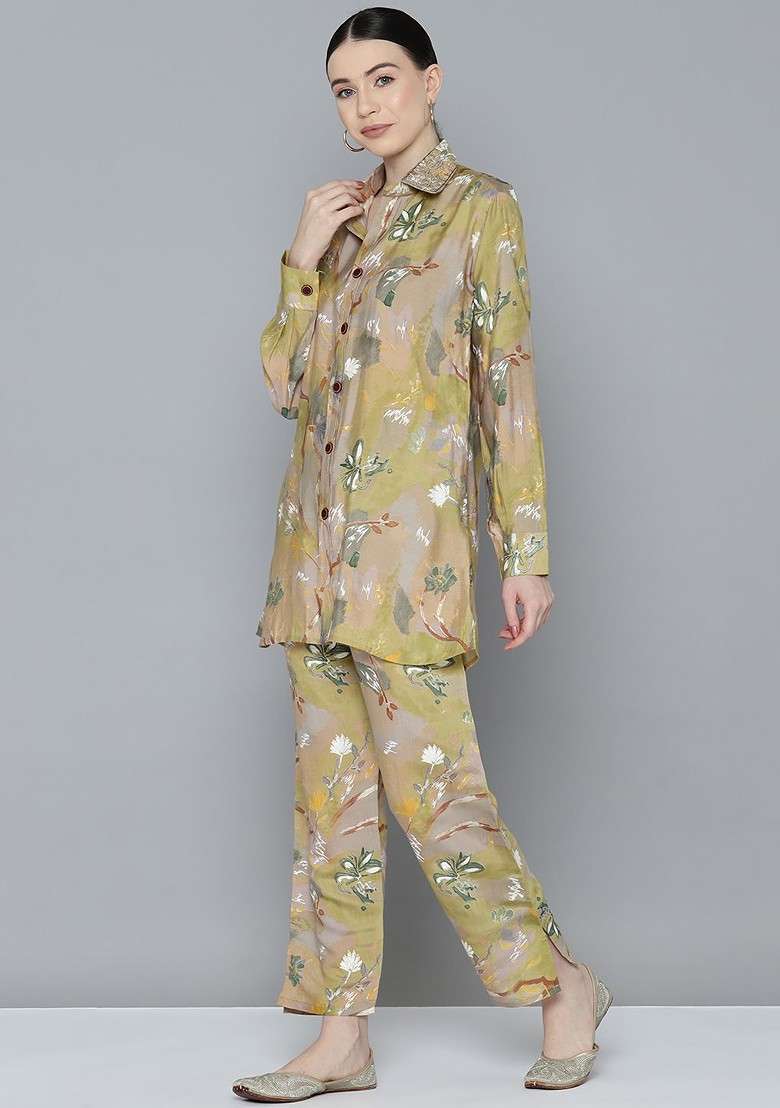 Beige Printed Blended Co Ord Set - Indya
