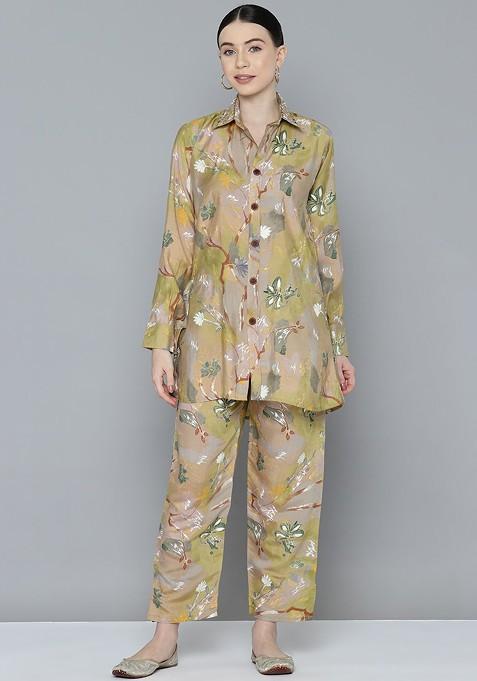 Beige Women Printed Tunic With Trousers