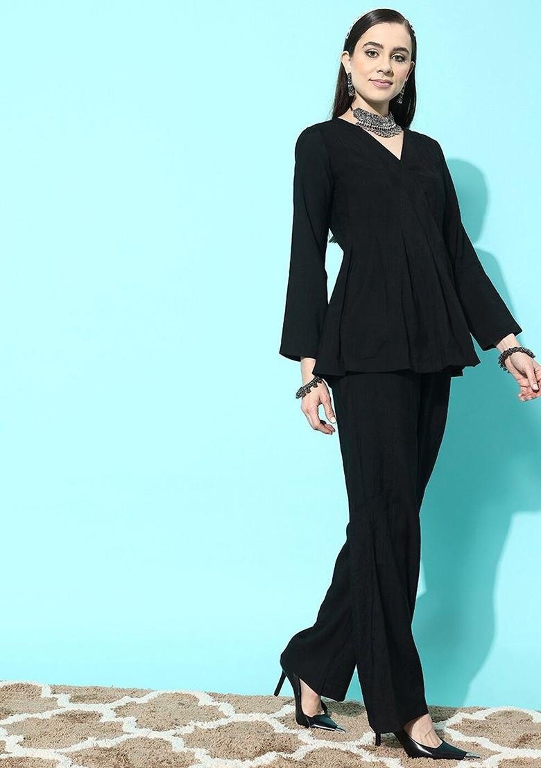 Black Pleated V Neck Top And Trousers