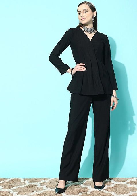 Black Pleated V Neck Top And Trousers