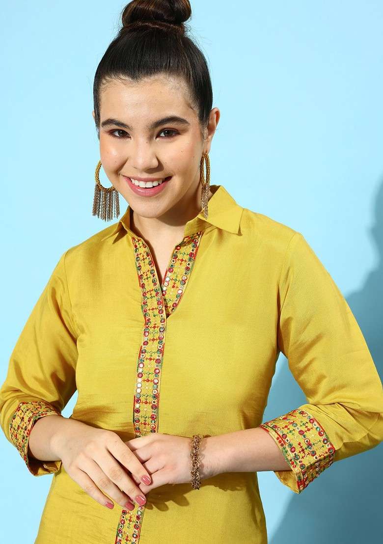 Yellow Embroidered Tunic With Trousers - Indya