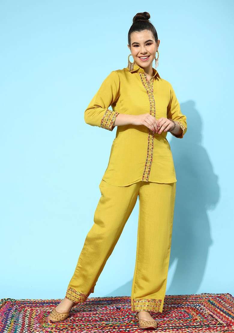 Yellow Embroidered Tunic With Trousers - Indya