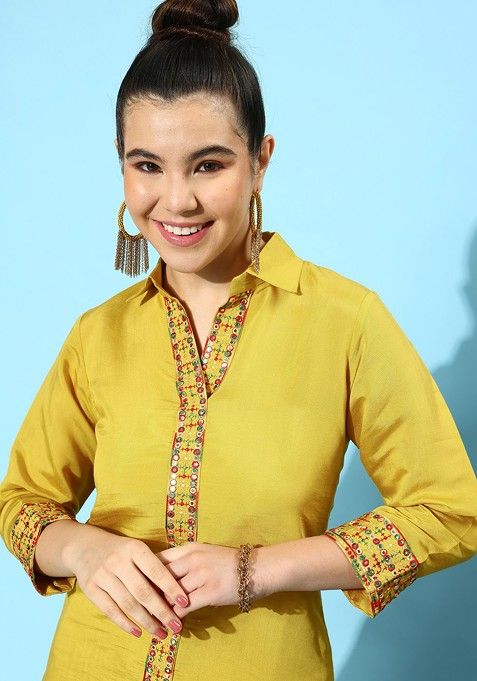 Yellow Embroidered Tunic With Trousers