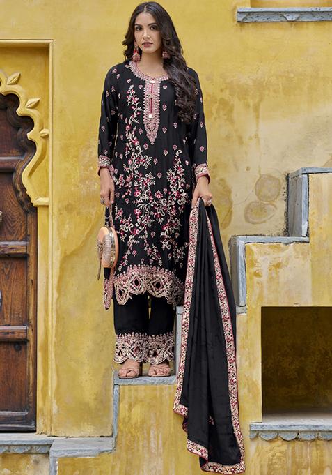 Black Embroidered Silk Kurta Set