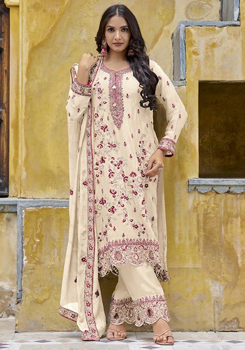 Off White Embroidered Silk Kurta Set