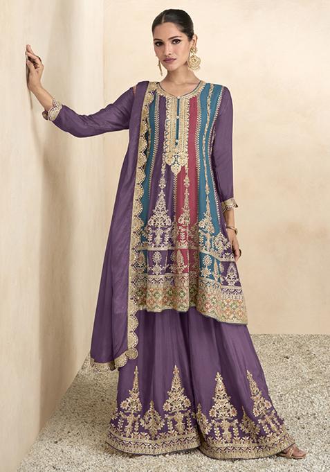 Lavender Embroidered Silk Kurta Set