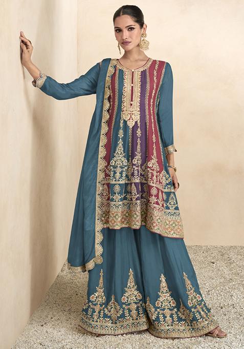 Blue Embroidered Silk Kurta Set