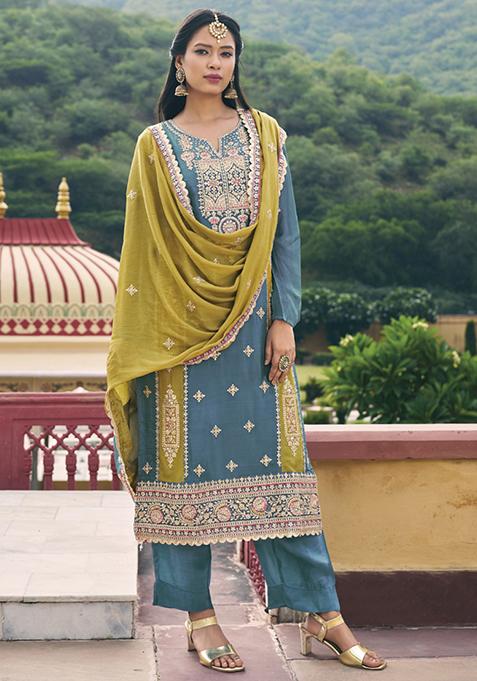 Aqua Blue Embroidered Silk Kurta Set