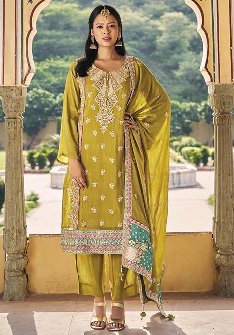 Mehendi Embroidered Silk Kurta Set