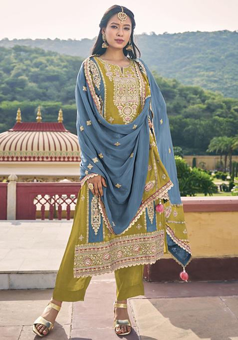 Mehendi Embroidered Silk Kurta Set