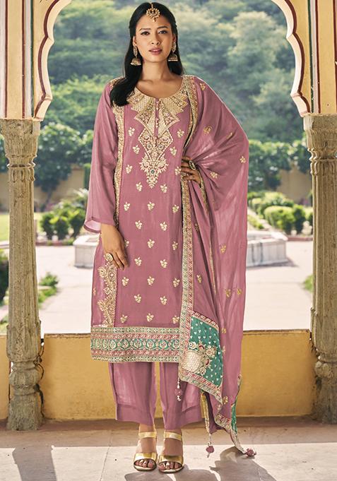 Onion Pink Embroidered Silk Kurta Set