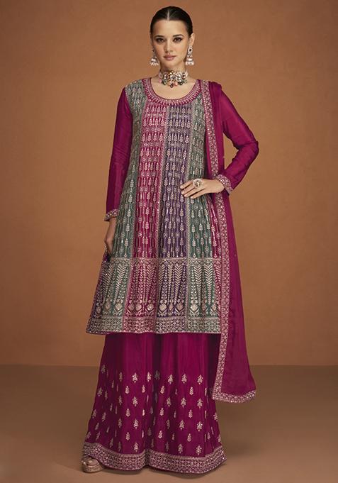 Wine Embroidered Georgette Kurta Set