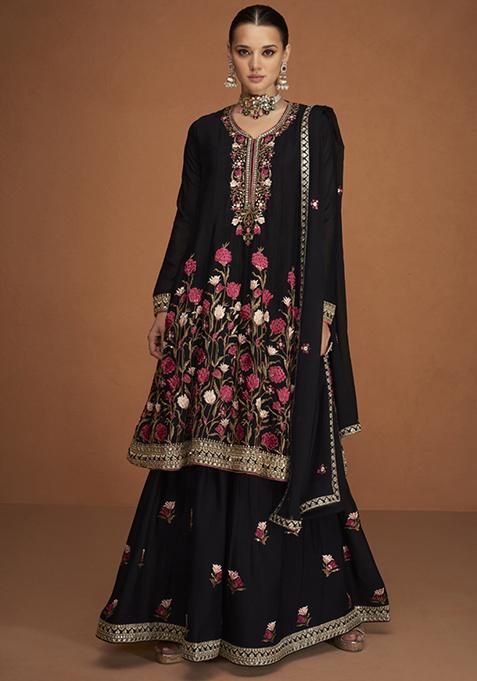 Black Embroidered Georgette Kurta Set