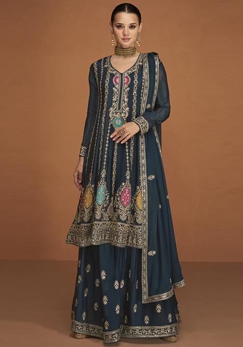 Blue Embroidered Georgette Kurta Set