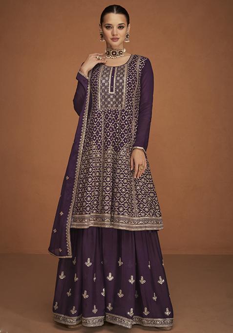 Purple Embroidered Georgette Kurta Set