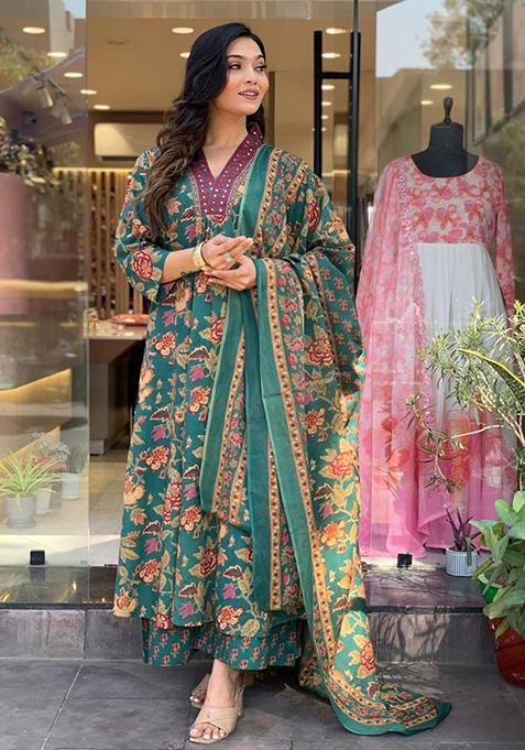 Rama Green Printed Cotton Kurta Set