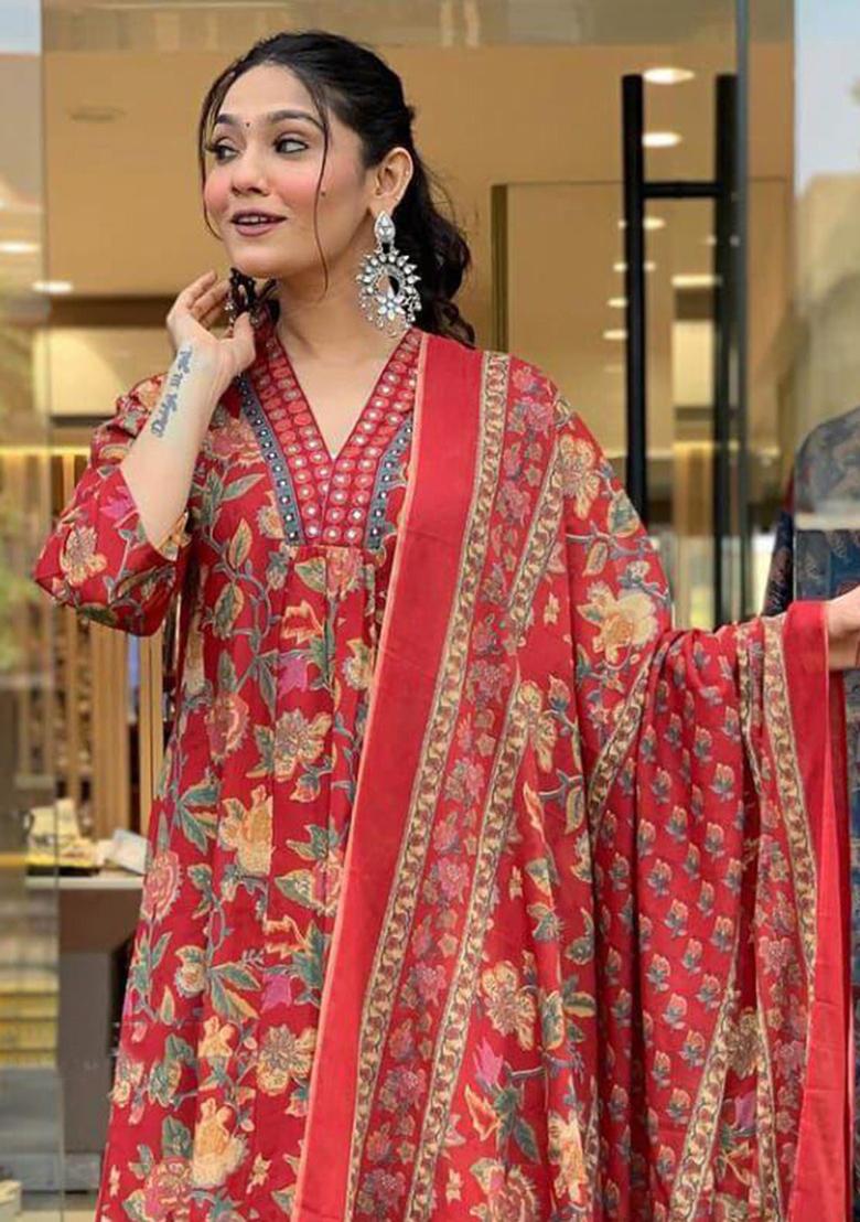Red Printed Cotton Kurta Set