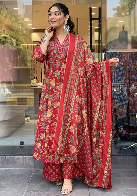 Red Printed Cotton Kurta Set