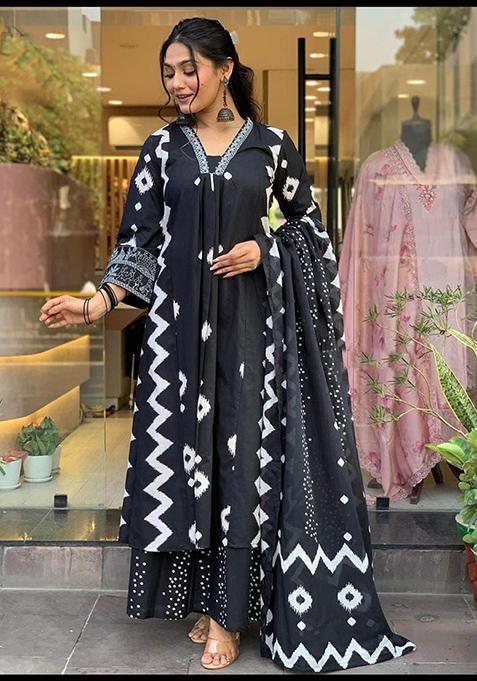 Black Printed Cotton Kurta Set