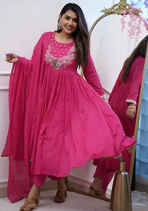 Pink Printed Pure Rayon Kurta Set