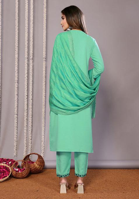 Green Embroidered Cotton Blend Kurta Set