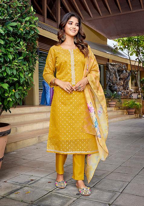 Yellow Woven Chanderi Kurta Set