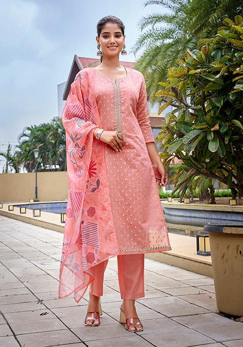 Peach Woven Chanderi Kurta Set