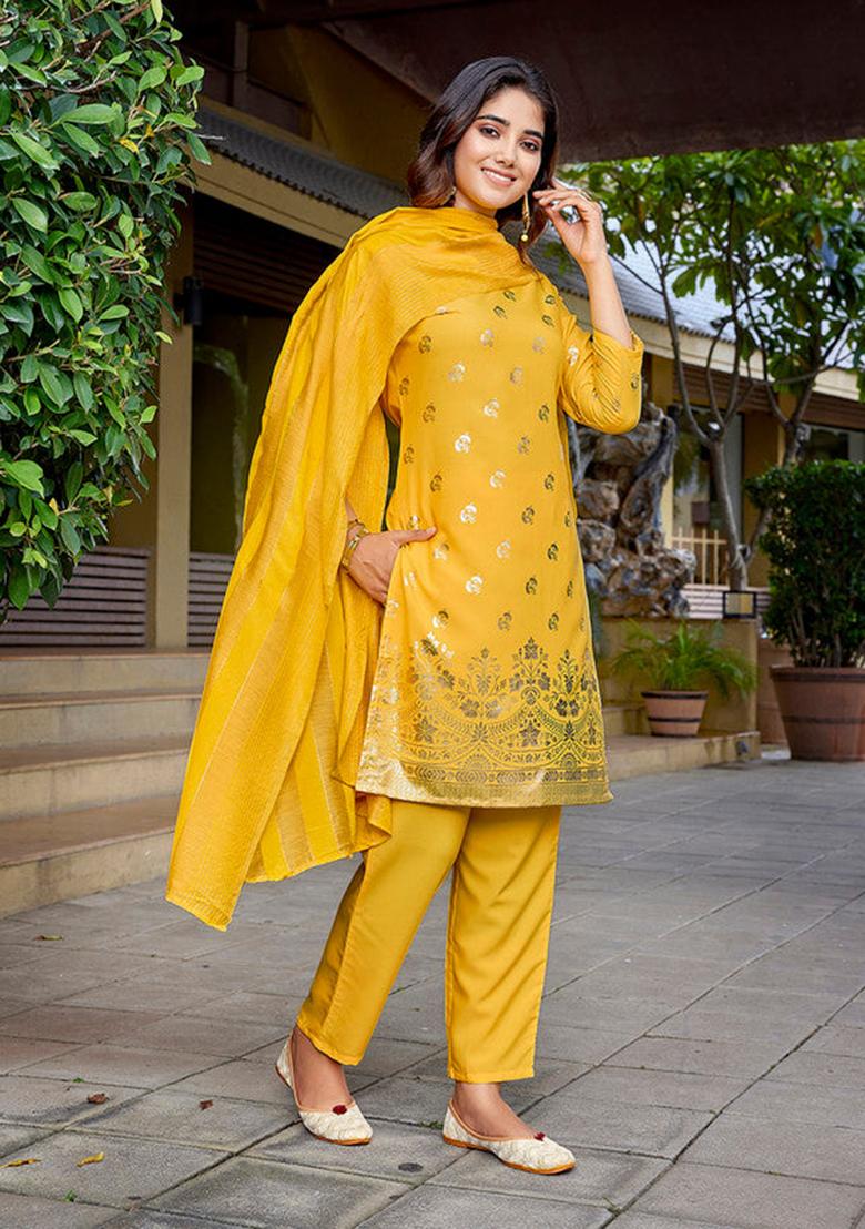 Yellow Printed Crepe Kurta Set
