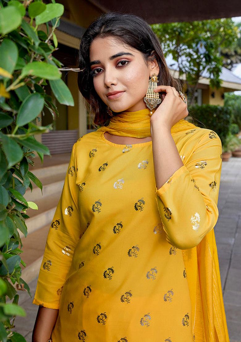 Yellow Printed Crepe Kurta Set