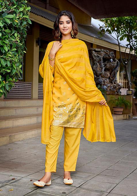 Yellow Printed Crepe Kurta Set